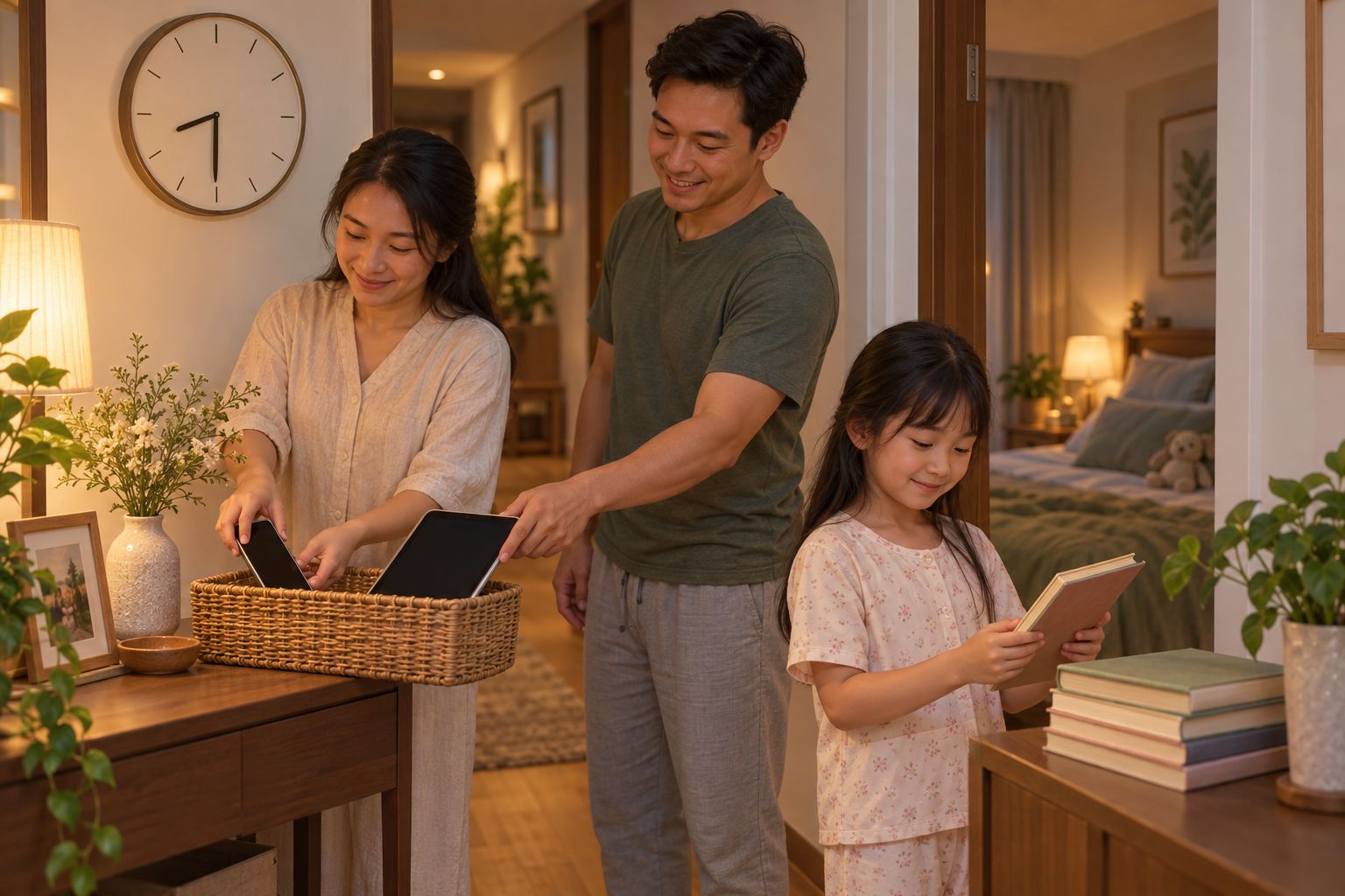 Minh họa gia đình Việt đặt điện thoại và máy tính bảng vào giỏ trước giờ ngủ, trẻ chọn đọc sách giấy