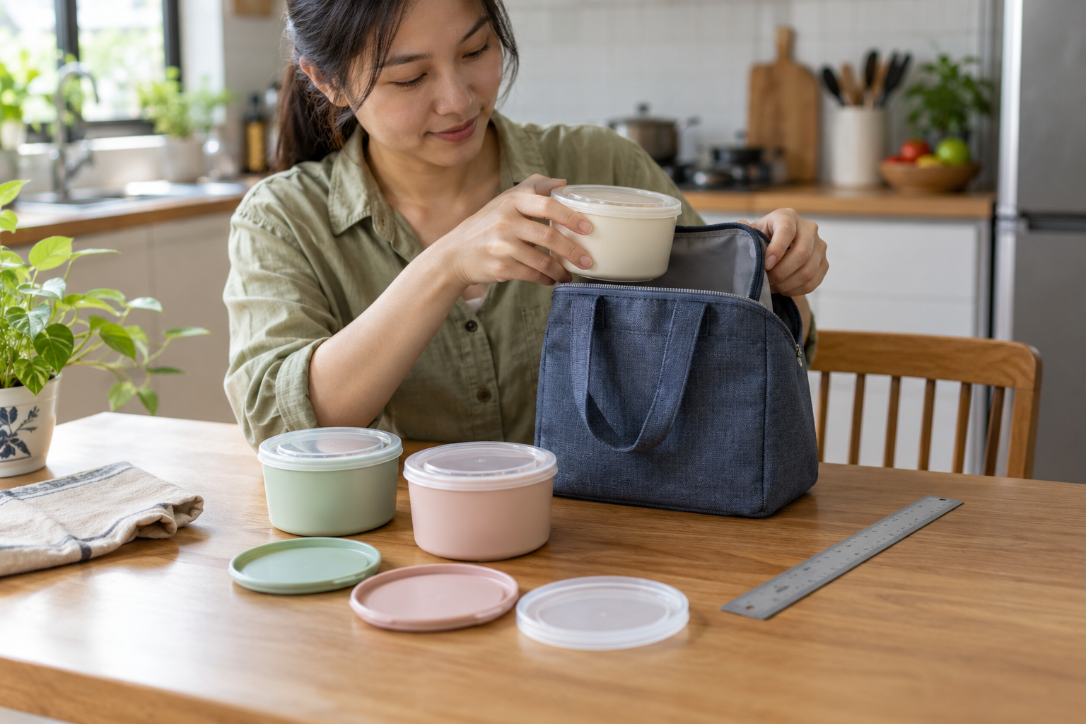 Ảnh mô phỏng bàn tay người phụ nữ đối chiếu hộp cơm tròn với túi mang cơm và thước đo; không phải mẫu Tupperware thực tế