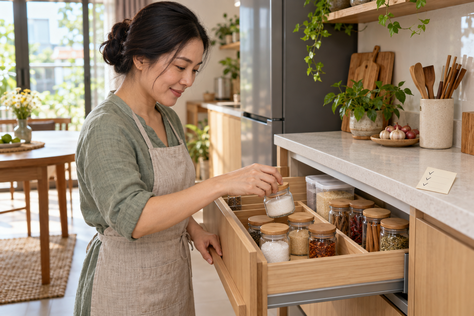 Minh họa người phụ nữ sắp xếp góc gia vị thành ba nhóm trong căn bếp gia đình Việt