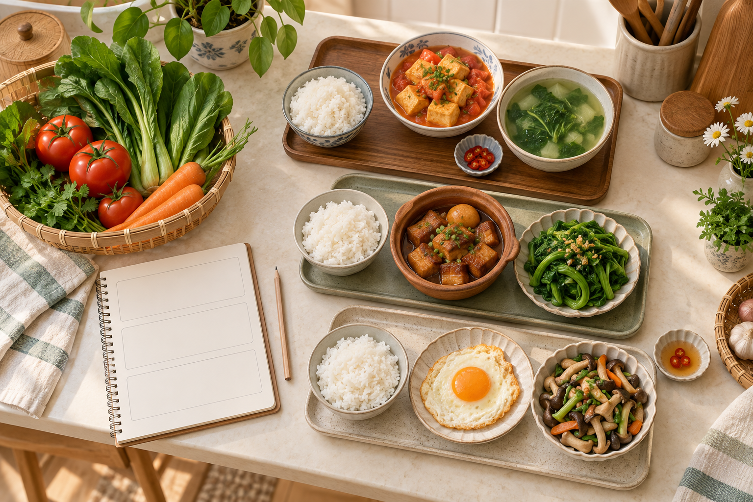 Minh họa sổ lên thực đơn, giỏ rau củ và ba mâm cơm tối quen thuộc của gia đình Việt