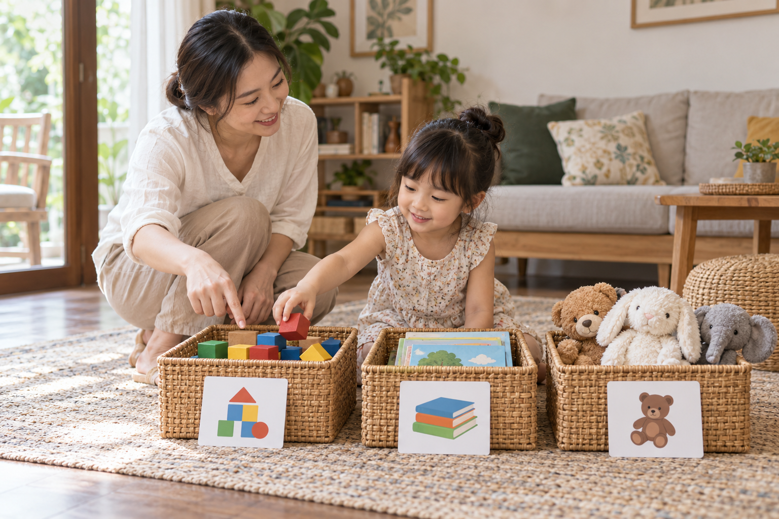 Minh họa trẻ 5 tuổi tự phân loại đồ chơi vào ba giỏ thấp với mẹ ngồi gần hướng dẫn bình tĩnh