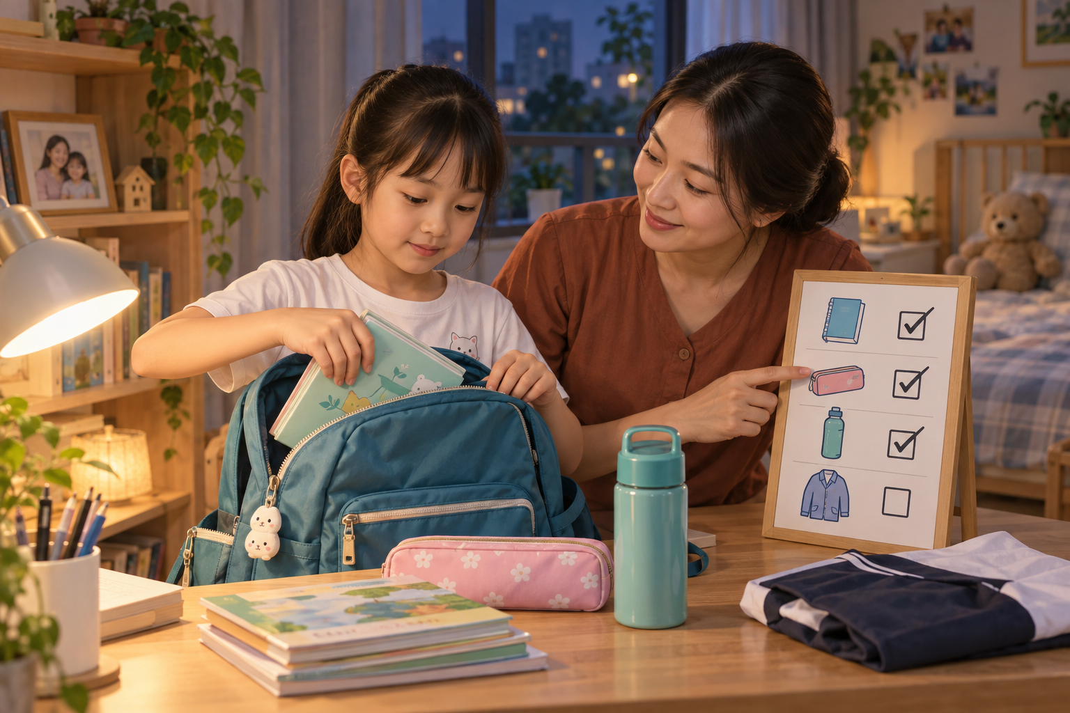 Minh họa trẻ 8 tuổi tự xếp sách vở vào cặp với bảng kiểm bằng hình và mẹ đứng bên hỗ trợ